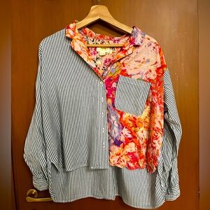 Anthropologie Maeve Colorful Striped Floral Button Down Blouse, Medium